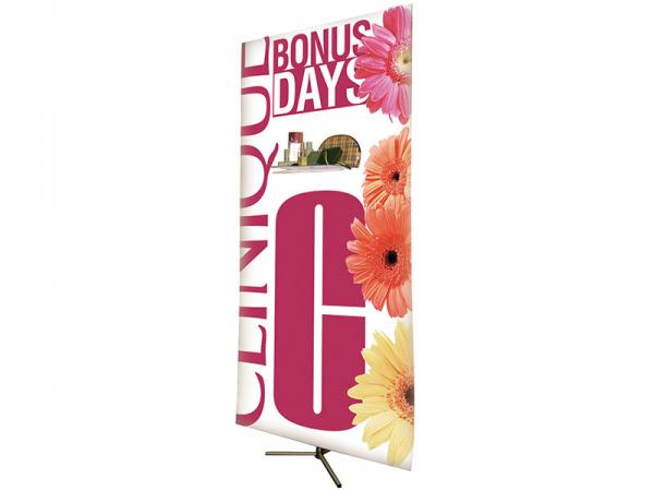 SPRINT Telescopic Banner Stand - Shown with Optional Fixture Adapter - Shown with Clear Plastic Shelf that can be used with the Fixture Adaptor (requires slit cut through graphic) - Items on shelf not included