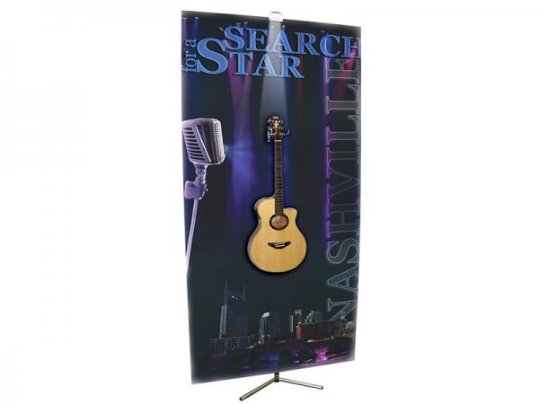 SPRINT Telescopic Banner Stand - Shown with Optional Fixture Adapter - Shown with double pronged hook that can be used with the Fixture Adaptor (requires slit cut through graphic) -
Guitar (not included) shown hanging from double pronged hook.