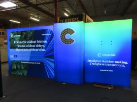 Modified MOD-1641 SuperNova Lightbox Inline with SEG Fabric Graphics, Backlit Logo Sign, and Monitor Mount. Reconfigurable 10 ft. and 20 ft.