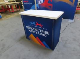 GK-1016 Gravitee Modular Exhibit with SEG Fabric Graphics, SuperNova Lightbox, Monitor Mount, Locking Closet Storage, and GOD-1557 Counter with Locking Storage -- View 3